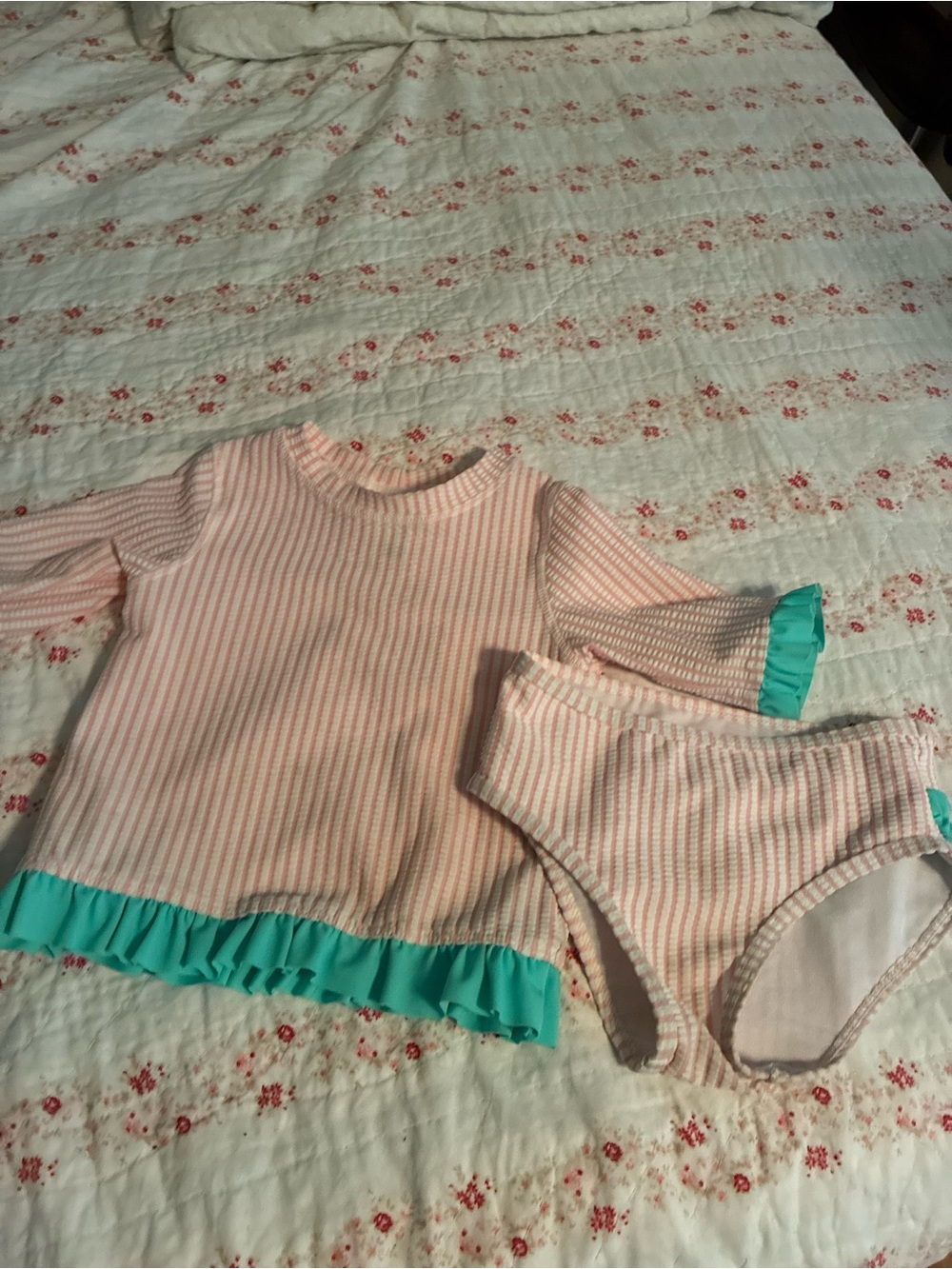 Ruffle Butts Pink Stripe Bikini Set with Teal Ruffle Trim